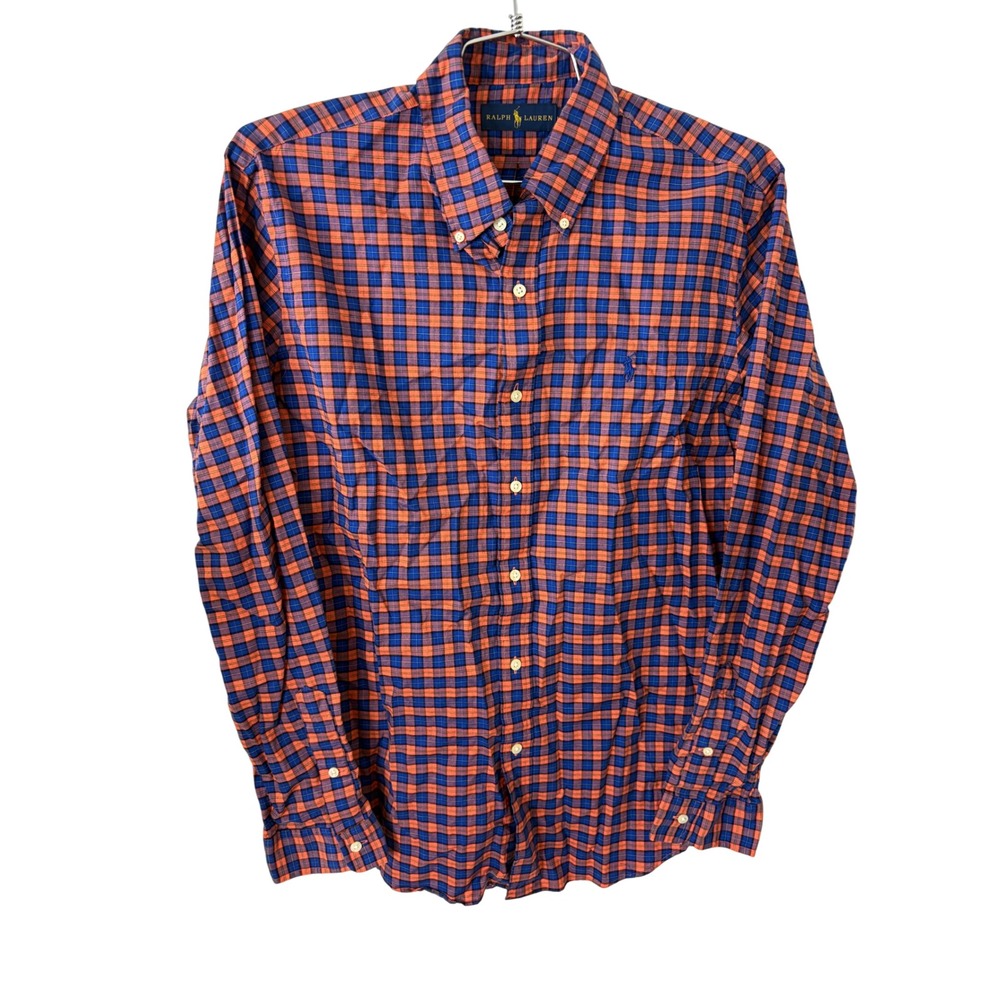 Ralph Lauren Mens L/G Plaid Button Down Long Sleeve Shirt‎ Orange Blue